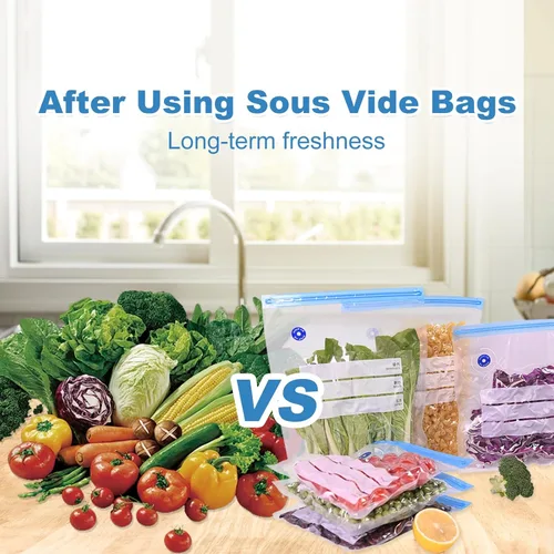 Vista 7 de Bolsas Sous Vide, 20 bolsas reutilizables de sellado al vacío de 10 x 11 pulgadas para alimentos, bolsa selladora con cremallera al vacío con bomba