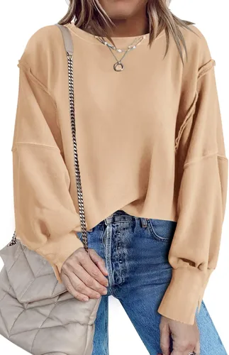 Vista 2 de Nirovien Sudadera de cuello redondo de gran tamaño para mujer, con abertura lateral, manga larga, ajuste holgado