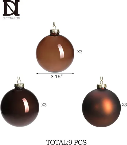 Vista 5 de DN DECONATION Bolas de Navidad de cristal marrón, juego de 9, bolas de Navidad colgantes de 3 pies para decoración del árbol de Navidad, regalo