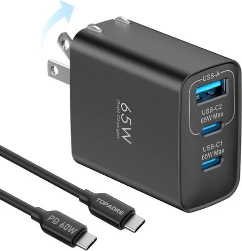 Vista 8 de Bloque de cargador USB C de 65 W, cargador de pared GaN de 3 puertos, plegable, compacto, tipo C, carga rápida para MacBook Pro/Air, para iPhone