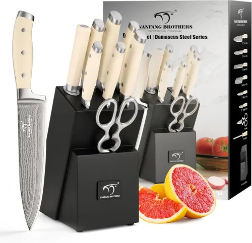 Vista 9 de Juego de cuchillos de damasco de 7 piezas con bloque de madera, cuchillos de cocina recubiertos de titanio negro para chefs profesionales y cocina