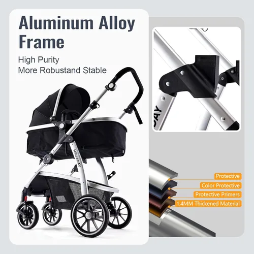 Vista 4 de Hagaday Cochecito de bebé, asiento reversible 2 en 1 para niños pequeños con modo moisés, cochecito infantil plegable con toldo, freno de un botón