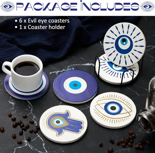 Vista 3 de Zubebe Juego de 6 posavasos de cerámica contra el mal de ojo con soporte de ojo turco azul para bebidas, tapete redondo absorbente con base