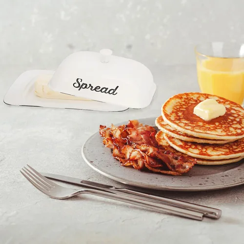 Vista 4 de AuldHome Design Plato de mantequilla esmaltado grande (blanco); plato de mantequilla esmaltada de granja con tapa y tapa