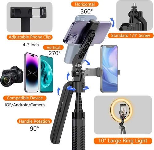 Vista 6 de Trípode Autoseguidor Facial con Palo Selfie para iPhone con Luz de Anillo de 10" Manos Libres Ajustable 360° de 70.9 Pulgadas Soporte para Teléfono