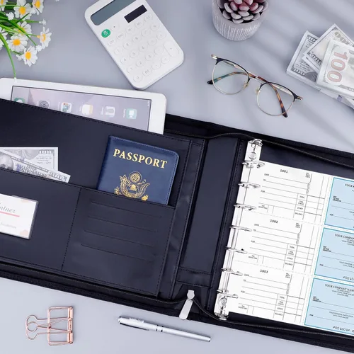 Vista 7 de Antner Carpeta con cremallera de 7 anillos para talonarios de cheques de negocios, formato 3 en una página, capacidad para 600 cheques, cubierta