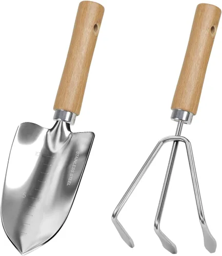 LeMotech Juego de herramientas de jardín, 2 herramientas manuales de jardinería, paleta de acero inoxidable y cultivador con asa, kit de jardinería