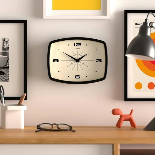 Vista 3 de JONES CLOCKS® Reloj de pared de película Reloj retro rectangular 10 pulgadas Negro Elegante diseño de mediados de siglo para cocina, sala