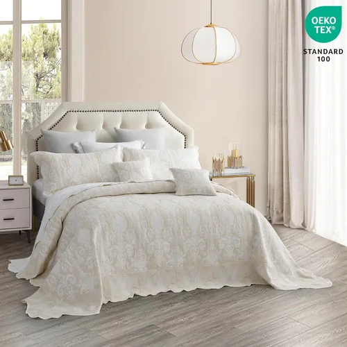 Vista 4 de Colcha extragrande tamaño King 138x122 extraancha, diseño de patrón damasco matelasse de jacquard, ligera, reversible, 5 piezas, 100% microfibra