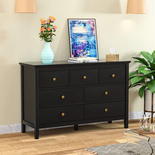 Vista 7 de CARPETNAL Cómoda negra para dormitorio, cómoda de 7 cajones con cajón ancho y asas de metal, cómodas de madera y cajones para pasillo, entrada.