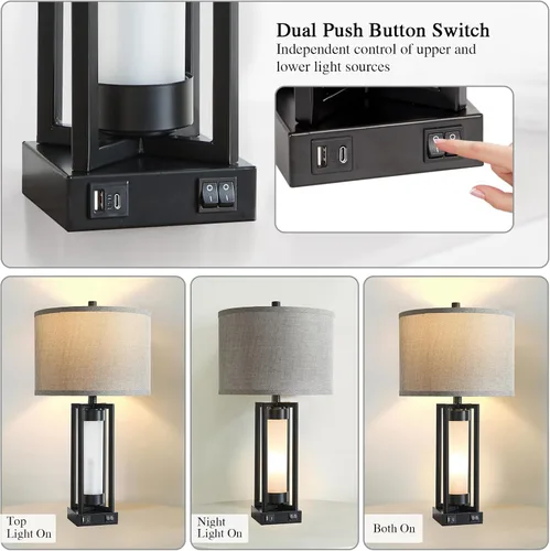 Vista 2 de RORIANO Juego de 2 lámparas de mesa modernas para sala de estar con puertos USB C+A, lámpara rústica de mesita de noche con luz nocturna blanca