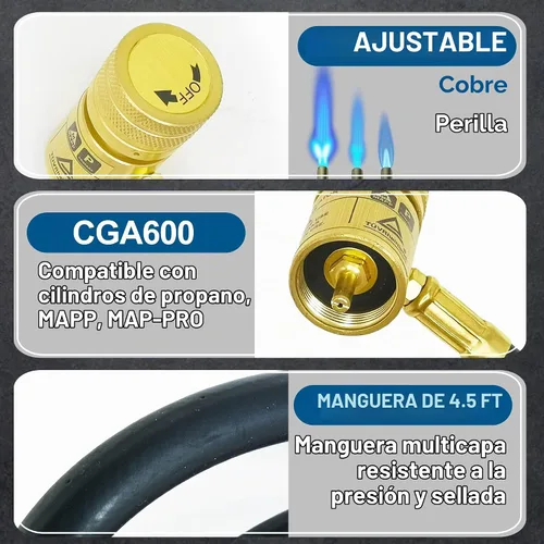 Vista 4 de Cabeza de Antorcha de Propano con Manguera de 1.43 m, Kit de Antorcha de Gas MAP Mapp Turbo Antorcha con Autoencendido, Válvula de Llama Ajustable