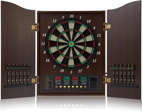 Vista 10 de Dart Board, Decorative Dart Board Cabinet Set [12*Soft Tip Darts], Electronic Dart Board - Wooden Cabinet Doors with Integrated Scoreboard for