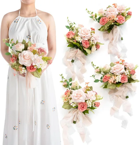 Vista 17 de Ling's moment Juego de 4 Ramos de Damas de Honor de Flores Artificiales Azul Polvoriento, Ramos de Flores de Boda Azules y Marfil para Damas