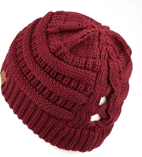 Vista 2 de C.C Exclusives - Gorro de invierno para mujer de punto trenzado con agujero para coleta o moño, gorro beanie para mujer (MB-20A)