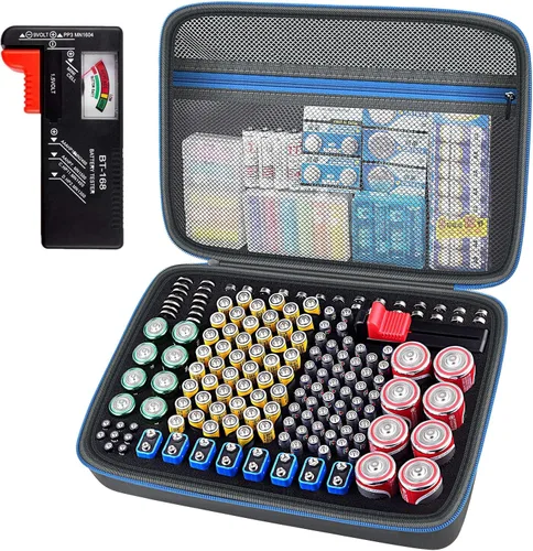 Caja organizadora de baterías con comprobador BT-168. Capacidad para 225 baterías AA AAA C D Cell 9V 3V Litio (azul)