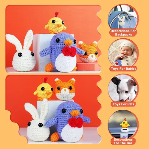 Vista 4 de Kit de Ganchillo Coopay para Principiantes: Kit de Animales de Ganchillo 4 en 1 - Pingüino, Pollito, Conejo y Zorro, Set de Ganchillo Kit de Inicio