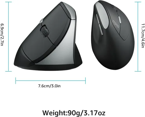 Vista 9 de Rapoo EV250 Ratón ergonómico vertical silencioso, ratón óptico inalámbrico de 2.4G, 800/1000/1200/1600 DPI, clics silenciosos, 5 botones, compatible