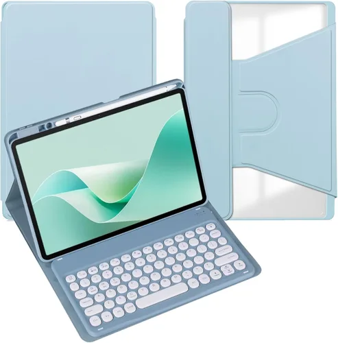 Vista 22 de Funda para tableta Samsung Galaxy Tab A8 de 10.5 pulgadas, teclado redondo inalámbrico desmontable Bluetooth, cubierta trasera transparente