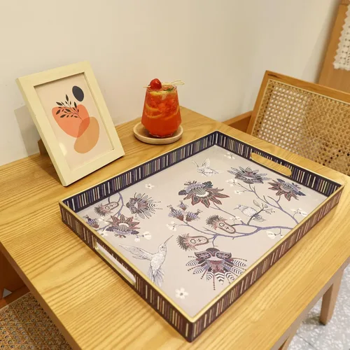 Vista 5 de Bandeja rectangular de plástico para servir con asas, elegante bandeja decorativa para mesa de café, otomana, sala de estar, cocina, uso al aire