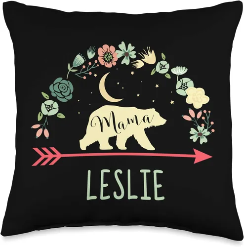 Mama Bear Leslie Name Gifts Leslie - Cojín de regalo personalizado con nombre, diseño de oso de mamá para decoración del hogar, 16.0 x 16.0 in,