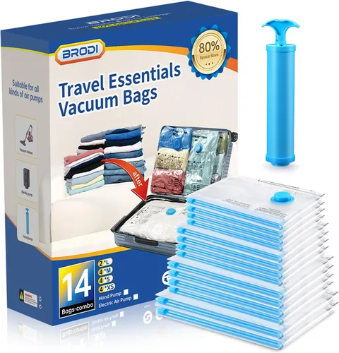 Vista 9 de BRODI Paquete combinado de 6 bolsas de vacío de viaje con bomba, ahorro de espacio y artículos esenciales de viaje, bolsas de sellado al vacío