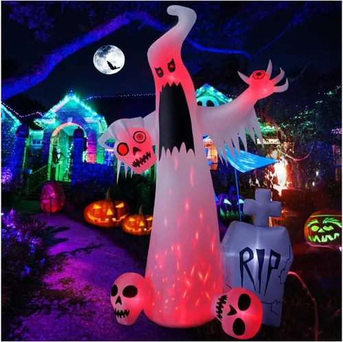 Inflables de Halloween de 12 pies para exteriores, decoración de patio, fantasma blanco de terror con 3 cabezas de calavera sangrante, lápida de