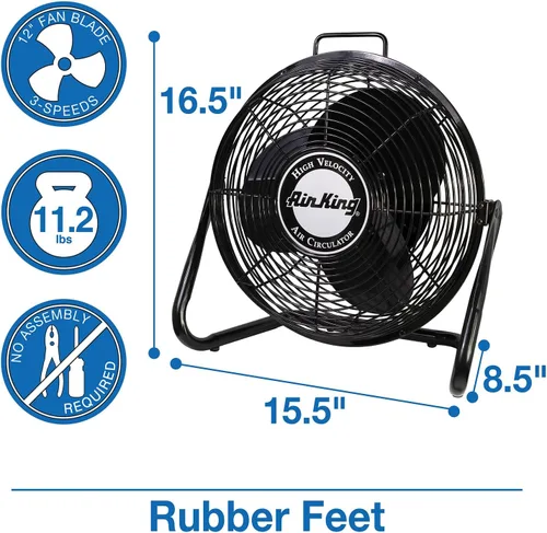 Vista 4 de Ventilador de piso, giratorio, alta velocidad, calidad industrial, Acero, Negro, 12 pulgadas