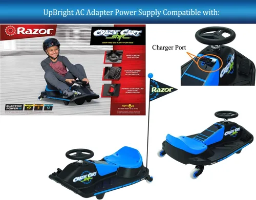 Vista 2 de UpBright Adaptador de 12 V CA/CC compatible con Razor Crazy Cart Shift 25143493 25143444 2.0 Azul 25173840 12 voltios Electric Kids Ride-on Drifting