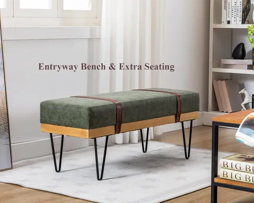 Vista 18 de DUOMAY Banco otomano rectangular de lino moderno industrial con correa de poliuretano y patas de metal, mesa de comedor de mediados de siglo, Beige