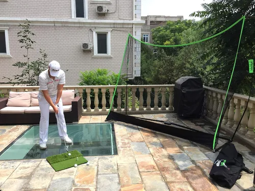 Vista 7 de para conducción en el patio trasero, red de práctica de golf, alfombra de golf de doble césped, objetivo de astillado y bolsa de transporte