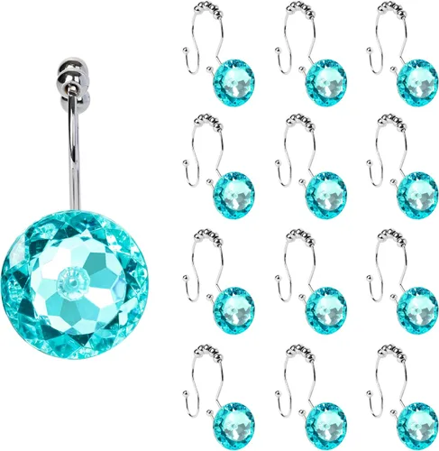 Vista 27 de Sunlit Diseño de Lujo Redondo Aqua Azul Diamante Cristal Gema Bling con Bolas Deslizantes Ganchos para Cortina de Ducha, Anillos para Cortina