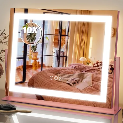 Vista 22 de FENNIO Espejo de tocador de 23 x 18 pulgadas con luces, espejo de maquillaje LED, espejo Hollywood con 3 modos de color y brillo ajustable, espejo