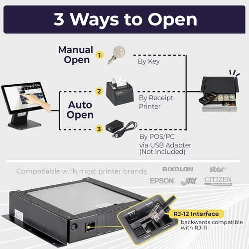 Vista 5 de Volcora Cajón de caja registradora de 13" para sistema de punto de venta (POS), Bandeja de efectivo de 4 billetes y 5 monedas, Cajones delanteros