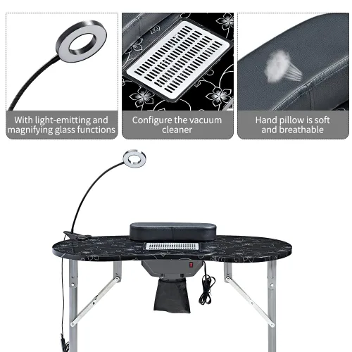 Vista 4 de CHAOEEMY Mesa de manicura portátil, mesa de manicura profesional con enchufe USB, lámpara de mesa LED, almohada de esponja, colector de polvo Negro