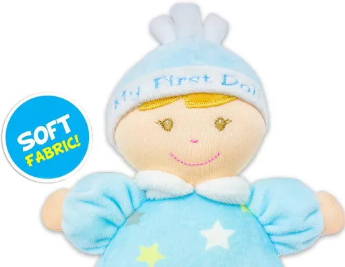 Vista 3 de June Garden 9" My First Doll Noah - Muñeca de peluche suave con sonajero - Traje azul bebé