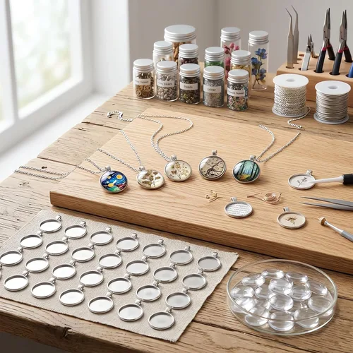 Vista 5 de OBSEDE Juego de 80 biseles redondos de acero inoxidable de 0.984 in, incluye 40 bandejas colgantes, 40 bandejas de cabujón de vidrio, para hacer