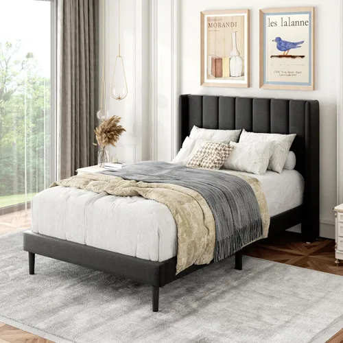 Vista 87 de Base de cama tamaño Queen con cabecera tapizada con respaldo de ala, plataforma de fácil montaje, soporte de listones de madera, no necesita somier