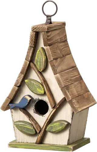 Vista 20 de Glitzhome Casas para pájaros colgantes para exteriores, 10.75 pulgadas de largo, madera maciza envejecida con flores 3D, rústicas pintadas a mano