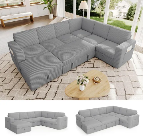 Vista 24 de Sofá modular de 85 pulgadas con cama extraíble, sofá modular de 5 asientos en forma de L con almacenamiento, sofás seccionales para sala de estar