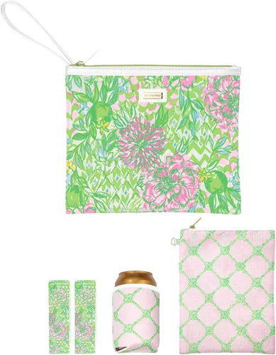 Vista 18 de Lilly Pulitzer Funda de vinilo resistente al agua para la playa, bolsa con cremallera incluye protector de bebidas, funda pequeña y clips para toalla