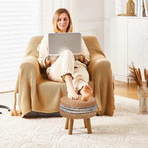 Vista 3 de Cpintltr Taburete redondo otomano natural de algas marinas, pufs tejido a mano, ecológico, taburete suave, acento bohemio, acolchado con patas