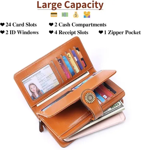 Vista 3 de SENDEFN - Carteras de cuero auténtico, para mujer, con tarjetero y bloqueo de interferencia de radiofrecuencia (RFID), de gran capacidad