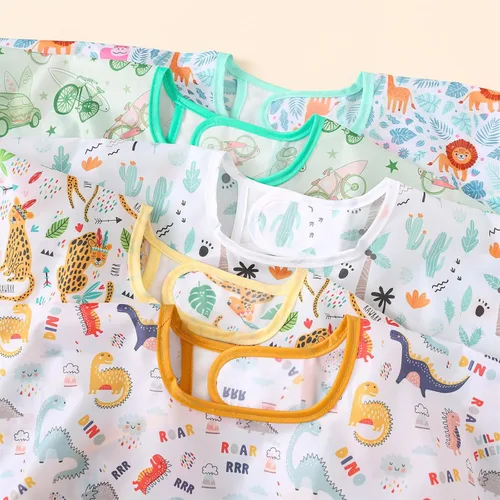 Vista 6 de Baberos de manga larga HaimoBurg, paquete de 5, baberos ligeros impermeables para bebés y niños pequeños de 6 a 30 meses