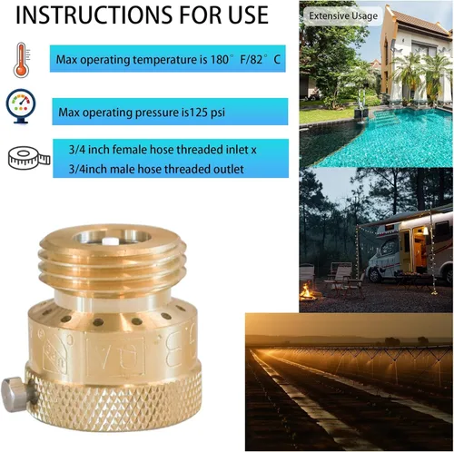 Vista 4 de Xiny Tool Paquete de 2 interruptores de vacío para grifo, manguera de latón macizo de 3/4 pulgadas, preventor de reflujo para espita de jardín RV