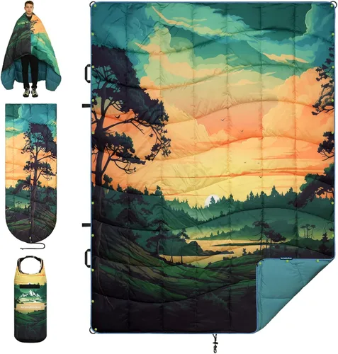 Vista 26 de Manta de campamento, manta acolchada plegable de plumón alternativo, ligera, resistente al viento, resistente al agua para exteriores, senderismo