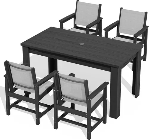 Vista 29 de SERWALL Juego de comedor HDPE para 4, juegos de comedor al aire libre para 4 personas con 1 orificio para sombrilla, mesa rectangular y 4 sillas