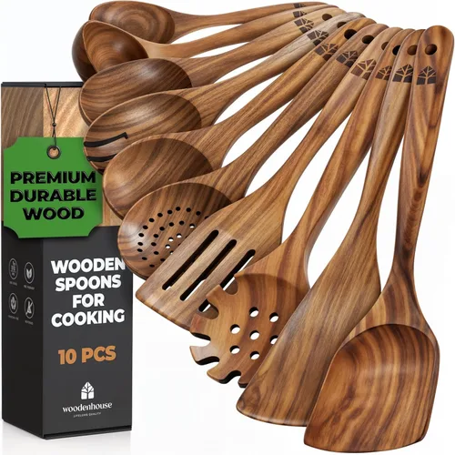Vista 8 de Cucharas de madera para cocinar, juego de utensilios de cocina de madera, 6 piezas de madera de teca, utensilios de cocina de madera antiadherentes
