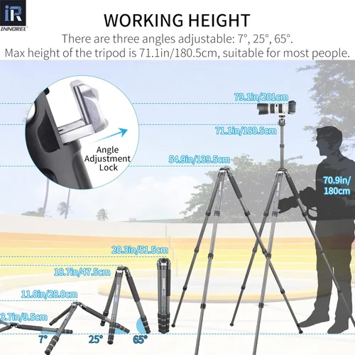 Vista 6 de Trípode de fibra de carbono INNOREL KT324C sin cabeza Trípode de viaje compacto portátil profesional para cámara digital DSLR Soporte de soporte