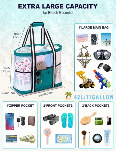 Vista 2 de Alameda Mesh Beach Bag for Women -Extra Large Beach Tote Bag with 5 Oversized Pockets Grocery Tote Travel Bag with Top Zipper